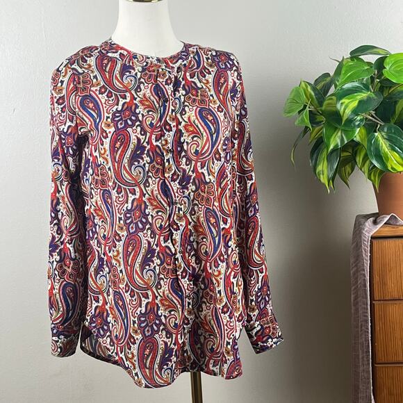 Liz Claiborne Button Front Red & Blue Paisley Long Sleeve Blouse Size Small - Picture 1 of 6